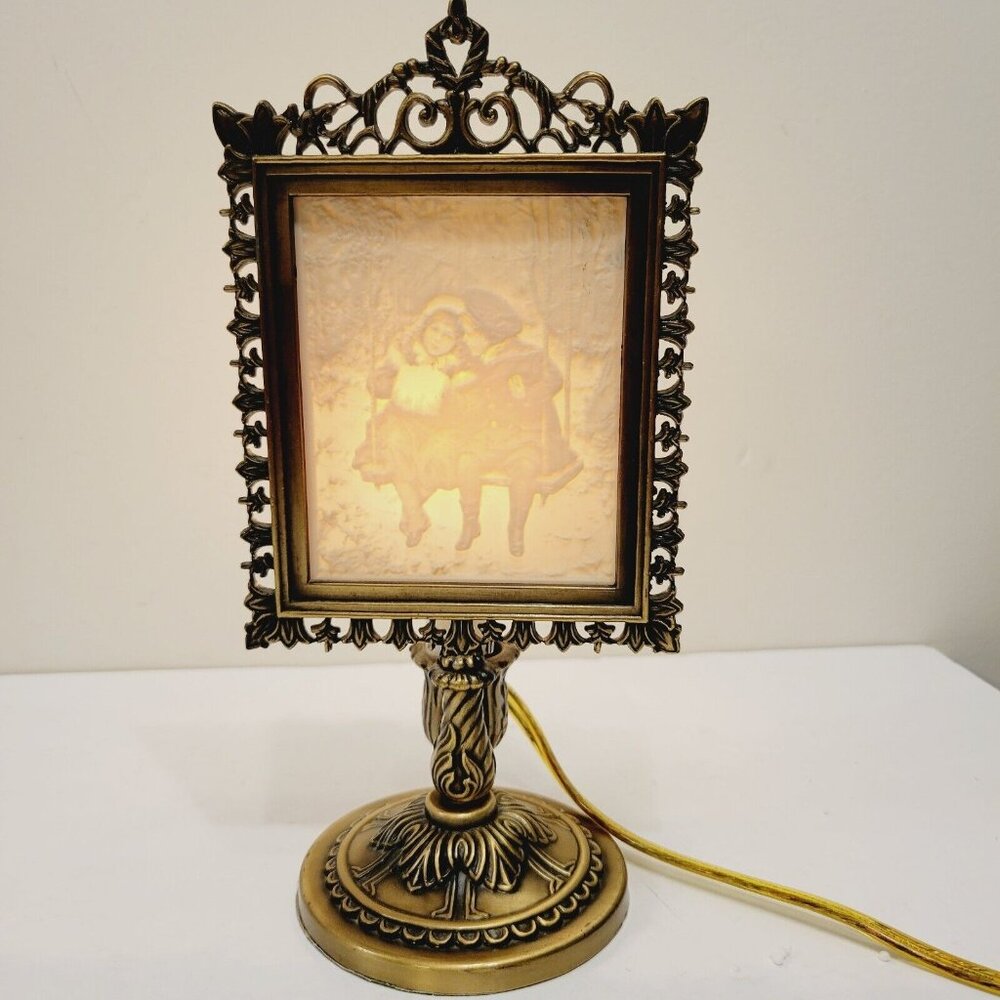 Porcelain Garden Lithophane Lamp Snow Winter Two Kids Boy Girl On Bench Swing